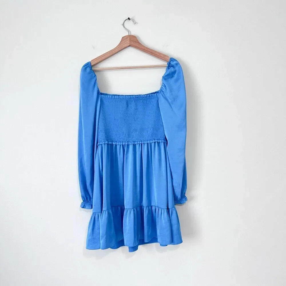 Aritzia Wilfred Tempest Satin Smocked Mini Dress Blue M Long Sleeve Babydoll